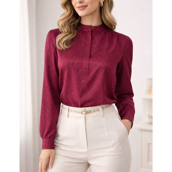 Oscar de la Renta Tops - Oscar De La Renta Sport Floral Button Down Top Shirt Burgundy Red Long Sleeve 4